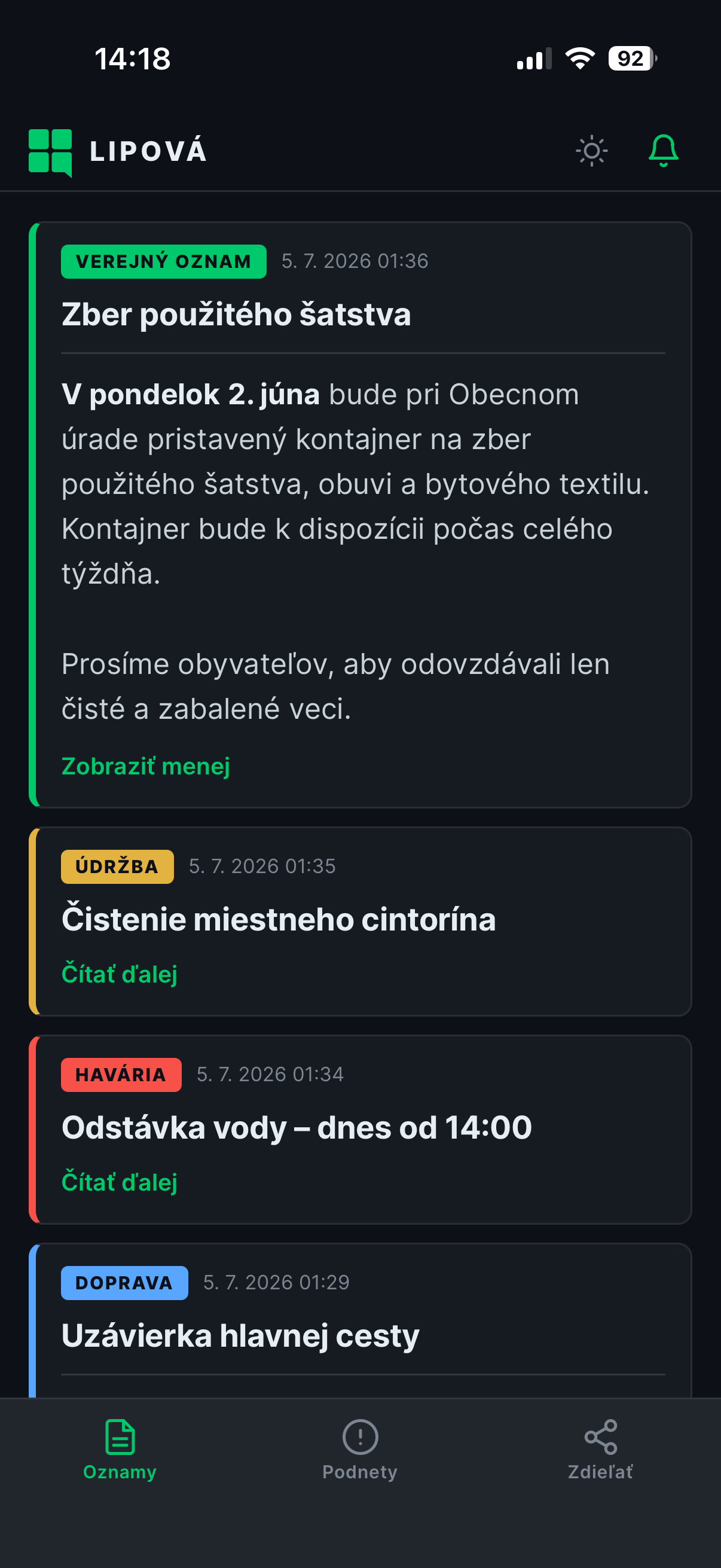 Zoznam oznamov v aplikácii LYNK, tmavý režim