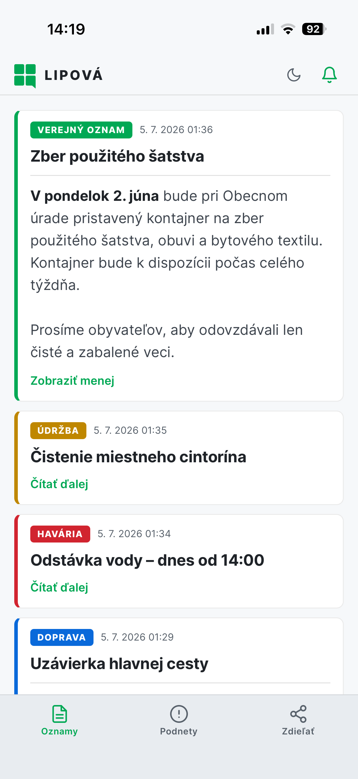 Zoznam oznamov v aplikácii LYNK, svetlý režim