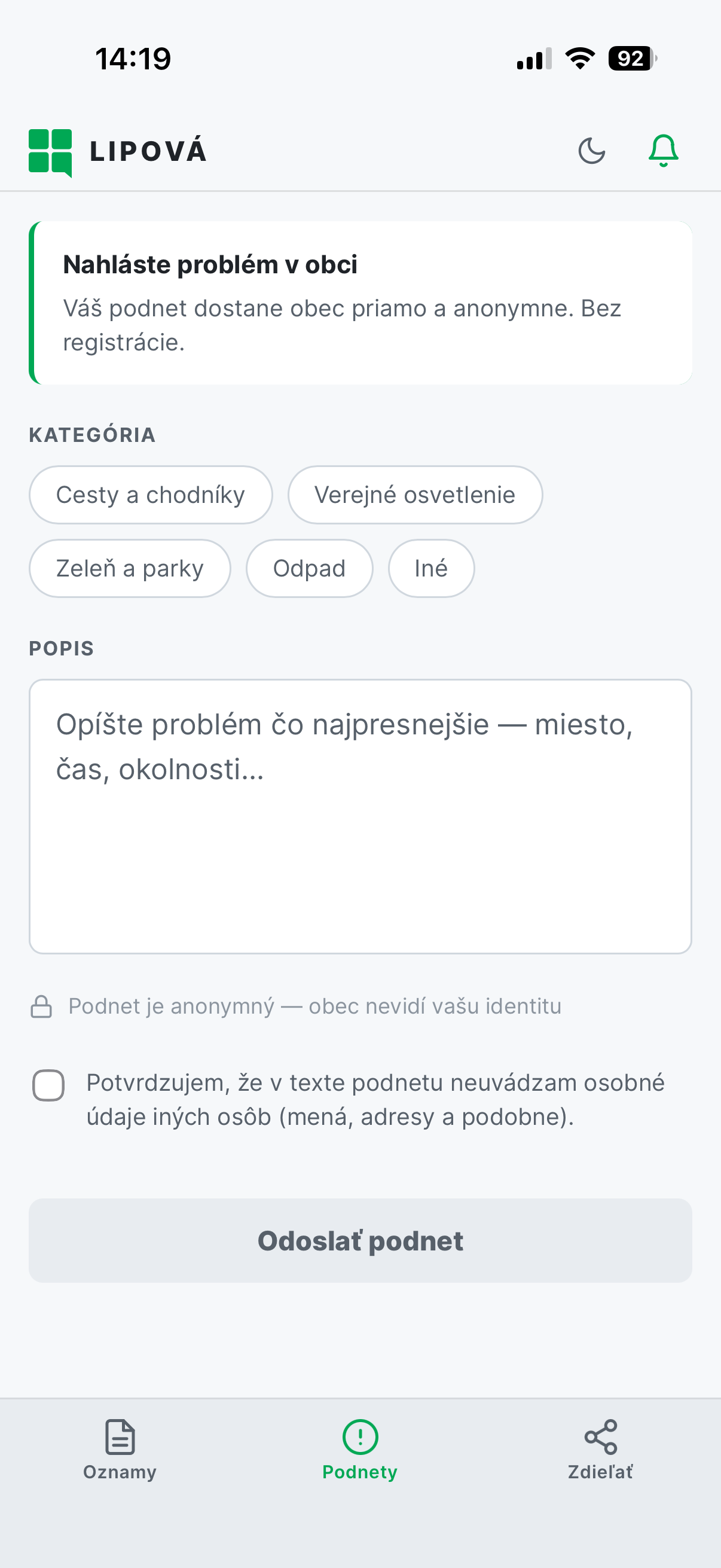 Formulár na odoslanie podnetu, svetlý režim